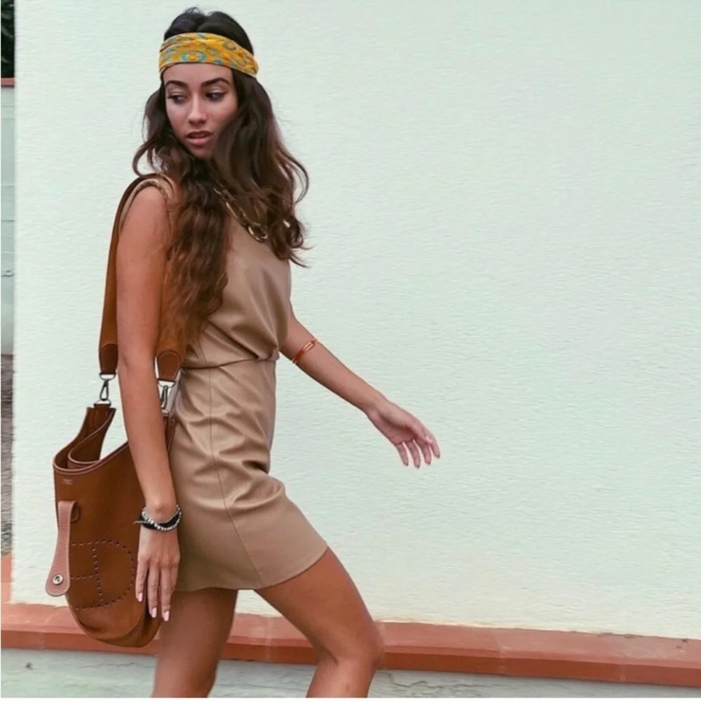 ZARA Faux Leather Padded Shoulder Mini Dress Womens Brown Sleeveless Size Large - Picture 3 of 15
